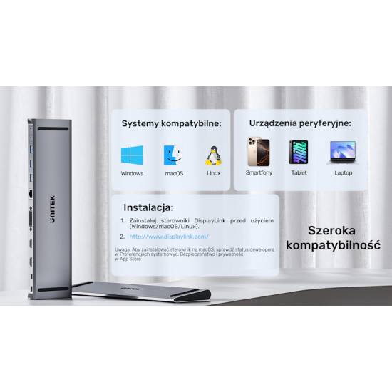 Stacja dokująca multiport USB-C HDMI x2 DVI x1 MST PD 100W Unitek D1147AGY01