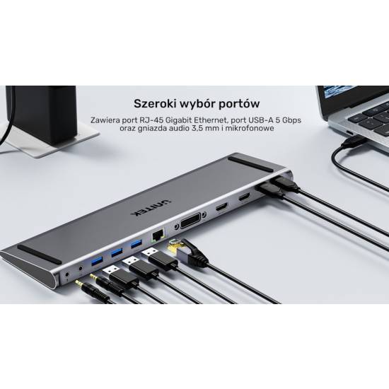 Stacja dokująca multiport USB-C HDMI x2 DVI x1 MST PD 100W Unitek D1147AGY01