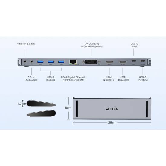 Stacja dokująca multiport USB-C HDMI x2 DVI x1 MST PD 100W Unitek D1147AGY01
