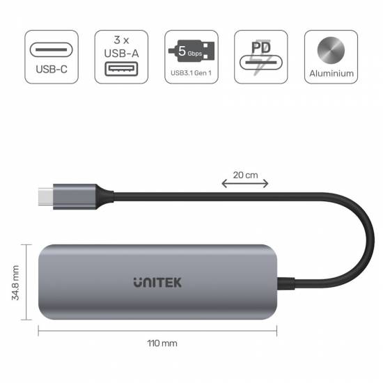 Hub USB C -> USB 3.1 x3 USB-C PD 100W SD/microSD Unitek H1107C