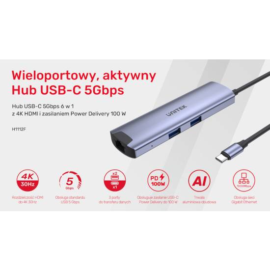 Hub USB-C -> USB 3.0 x2 USB-C x2 HDMI 4K@30Hz RJ45 PD 100W Unitek H1112F