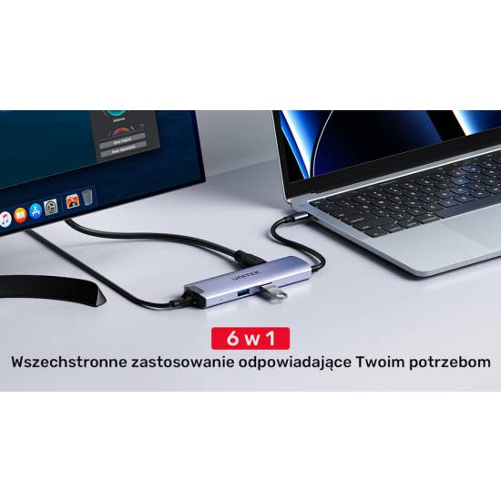 Hub USB-C -> USB 3.0 x2 USB-C x2 HDMI 4K@30Hz RJ45 PD 100W Unitek H1112F
