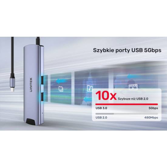 Hub USB-C -> USB 3.0 x2 USB-C x2 HDMI 4K@30Hz RJ45 PD 100W Unitek H1112F