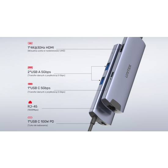 Hub USB-C -> USB 3.0 x2 USB-C x2 HDMI 4K@30Hz RJ45 PD 100W Unitek H1112F