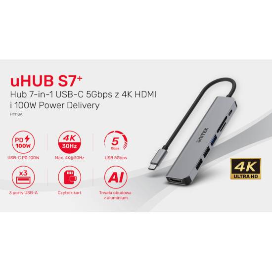 Hub USB-C -> USB 3.1 x1 USB 2.0 x 2 plus PD 100W SD/microSD HDMI Unitek H1118A