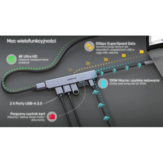 Hub USB-C -> USB 3.1 x1 USB 2.0 x 2 plus PD 100W SD/microSD HDMI Unitek H1118A