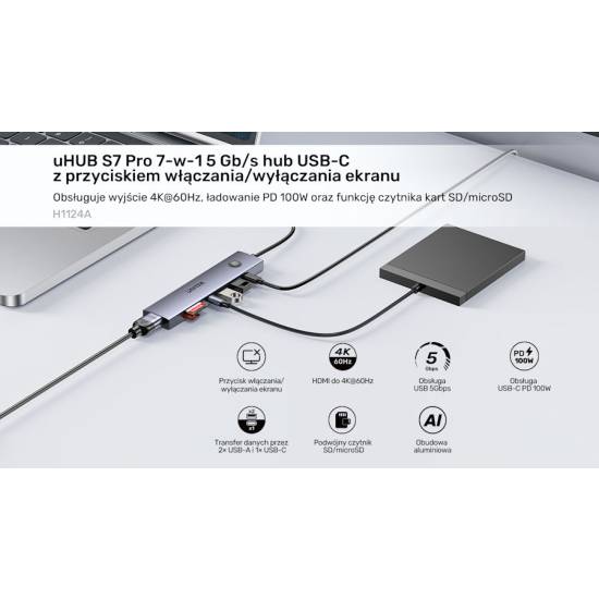 Hub USB-C -> USB-A x2 USB-C x2 PD 100W SD/microSD HDMI ON/OFF Unitek H1124AGY01