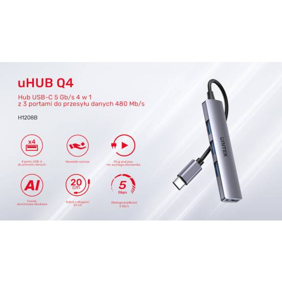 Hub USB-C -> USB 3.0 x1 + USB 2.0 x3 Unitek H1208B