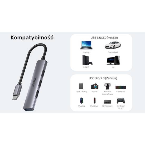 Hub USB-C -> USB 3.0 x1 + USB 2.0 x3 Unitek H1208B