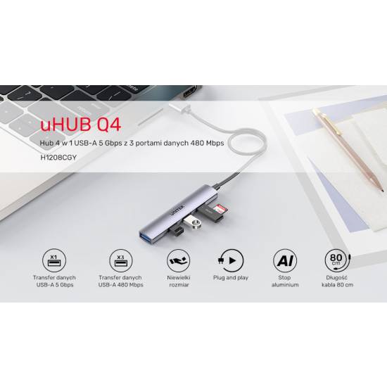 Hub USB 3.0 x1 + USB 2.0 x3 Unitek H1208CGY01 kabel 0,8m