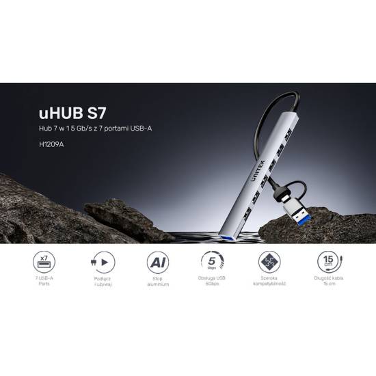 Hub USB-C -> USB-A x7 z adapterem USB-A/C Unitek H1209AGY01