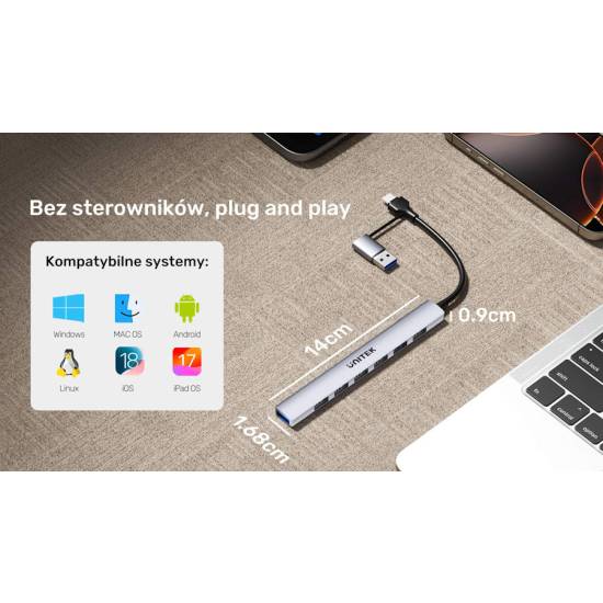 Hub USB-C -> USB-A x7 z adapterem USB-A/C Unitek H1209AGY01