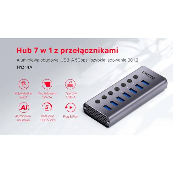 Hub USB-A 3.0 x7 z wyłącznikami portów 5Gbps Unitek H1314A01-EU