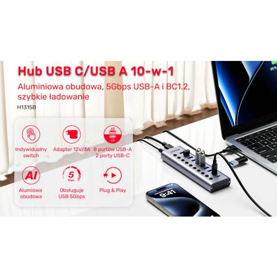 Hub USB-A 3.0 x8 USB-C x2 z wyłącznikami portów 5Gbps Unitek H1315B01-EU