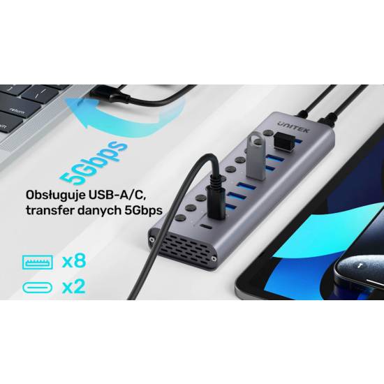 Hub USB-A 3.0 x8 USB-C x2 z wyłącznikami portów 5Gbps Unitek H1315B01-EU