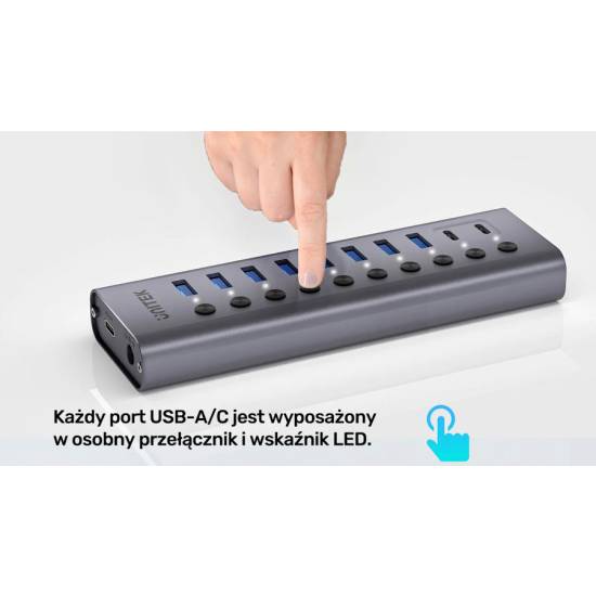 Hub USB-A 3.0 x8 USB-C x2 z wyłącznikami portów 5Gbps Unitek H1315B01-EU