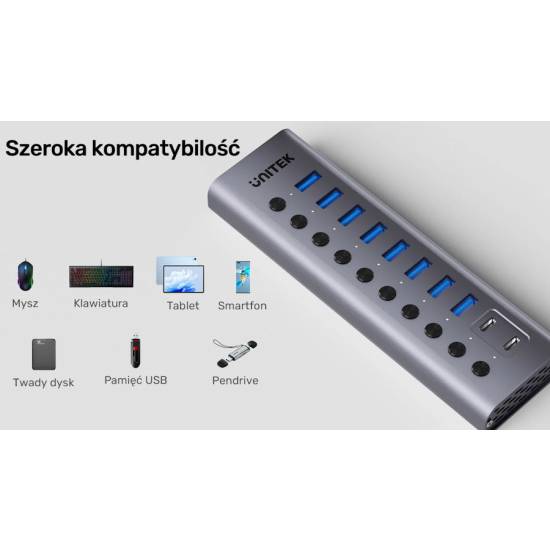 Hub USB-A 3.0 x8 USB-C x2 z wyłącznikami portów 5Gbps Unitek H1315B01-EU