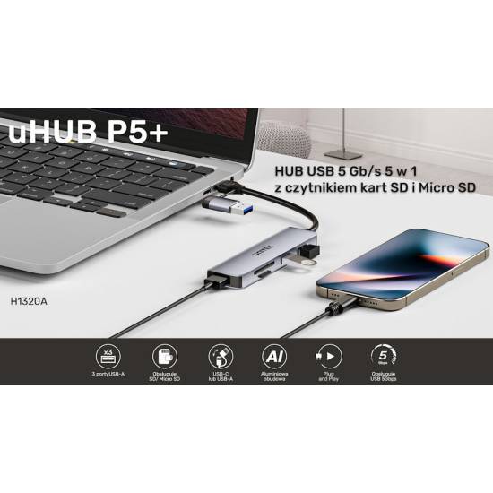 Hub USB-C -> USB-A x3 czytnik SD/ micro SD adapter USB-A/C Unitek H1320AGY01