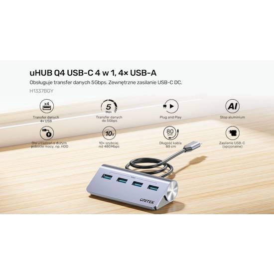 Hub USB-C -> USB 3.0 x4 5Gbps Unitek H1337BGY01