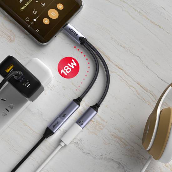 Adapter USB-C -> 2 x USB-C audio i zasilanie 18W Unitek M206A