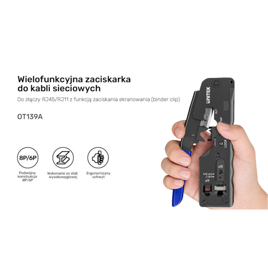 Zaciskarka RJ45 RJ12 RJ11 wtyki przelotowe Unitek OT139ABL01