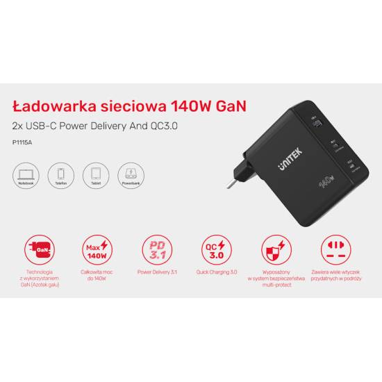 Ładowarka sieciowa GaN USB A, 2x USB-C PD 140W QC3.0 Unitek P1115A