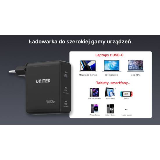 Ładowarka sieciowa GaN USB A, 2x USB-C PD 140W QC3.0 Unitek P1115A