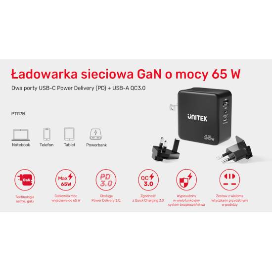 Ładowarka sieciowa GaN USB-A, 2x USB-C PD 65W QC3.0 Unitek P1117B