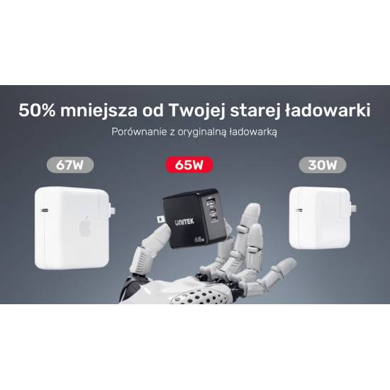 Ładowarka sieciowa GaN USB-A, 2x USB-C PD 65W QC3.0 Unitek P1117B