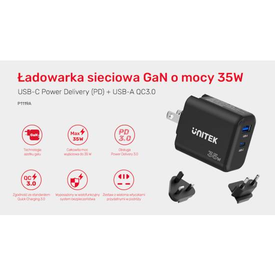 Ładowarka sieciowa GaN USB-C + USB-A PD 35W Unitek P1119A czarna