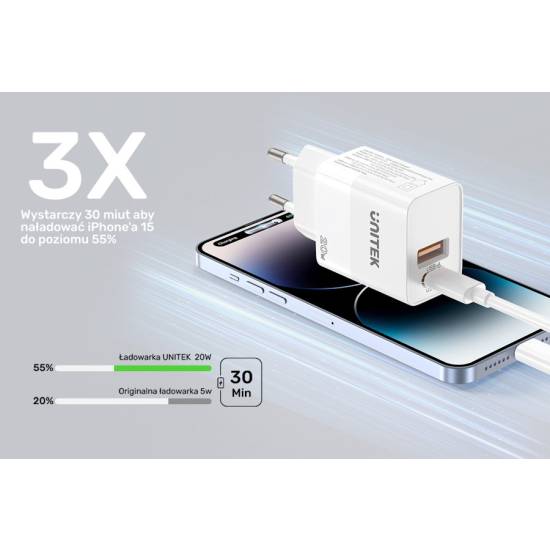 Ładowarka sieciowa USB-C + USB-A PD QC PC 3.0 20W Unitek P1124ABK01-EU czarna