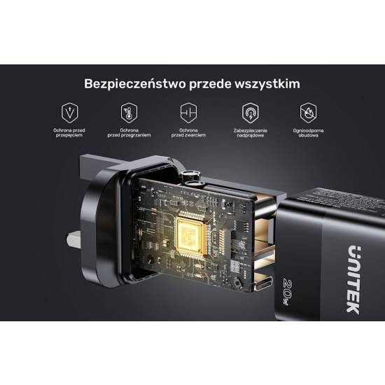 Ładowarka sieciowa USB-C + USB-A PD QC PC 3.0 20W Unitek P1124ABK01-EU czarna