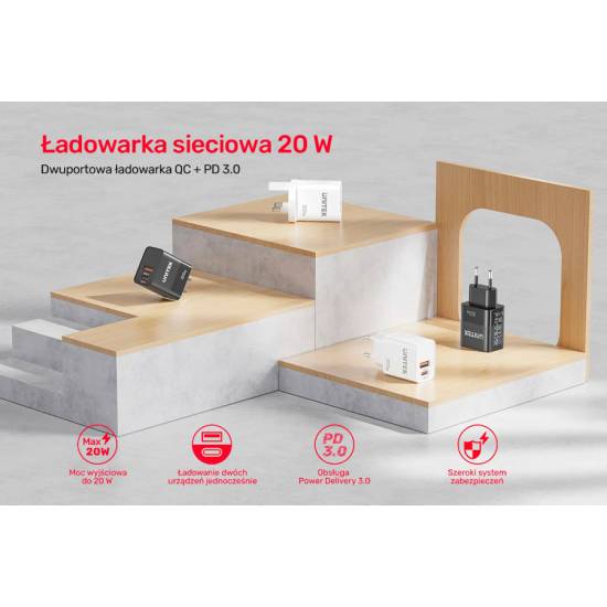 Ładowarka sieciowa USB-C + USB-A PD QC PC 3.0 20W Unitek P1124AWH01-EU biała