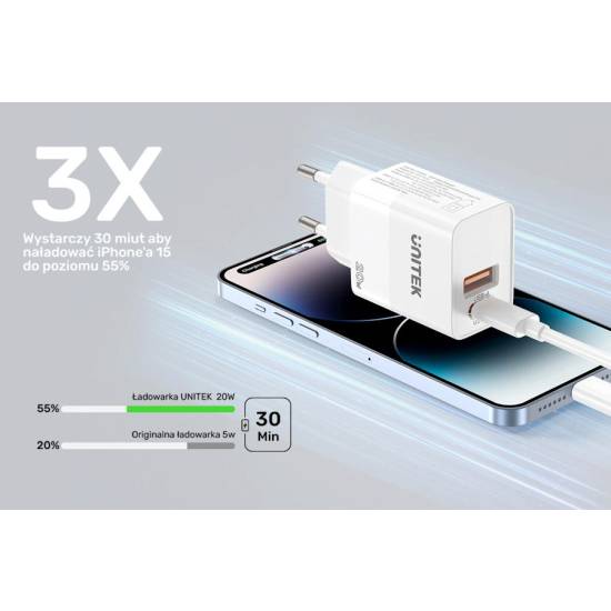 Ładowarka sieciowa USB-C + USB-A PD QC PC 3.0 20W Unitek P1124AWH01-EU biała