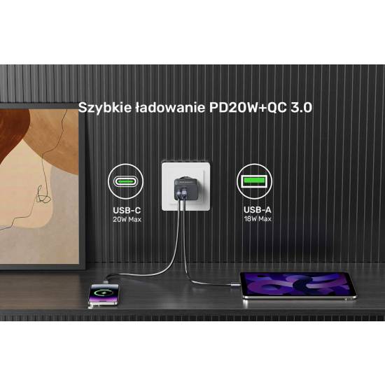Ładowarka sieciowa USB-C + USB-A PD QC PC 3.0 20W Unitek P1124AWH01-EU biała