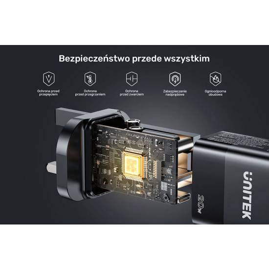 Ładowarka sieciowa USB-C + USB-A PD QC PC 3.0 20W Unitek P1124AWH01-EU biała