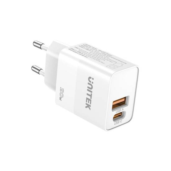 Ładowarka sieciowa USB-C + USB-A PD QC PC 3.0 20W Unitek P1124AWH01-EU biała