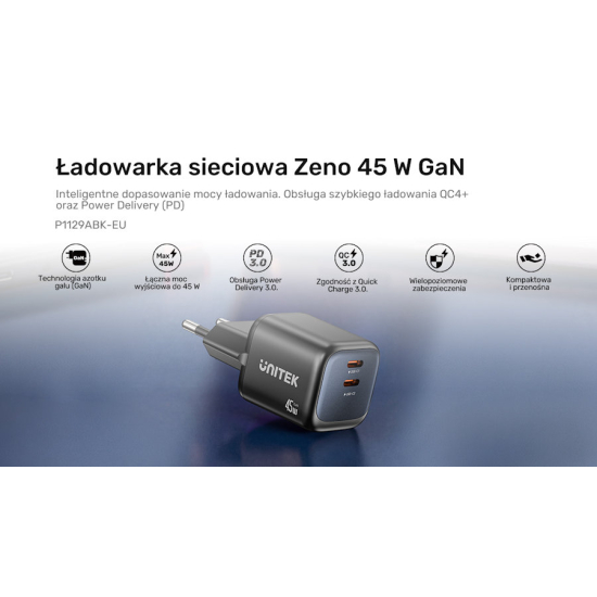 Ładowarka sieciowa GaN USB-A 2x USB-C PD 45W PD 3.0 QC Unitek P1129ABK01-EU