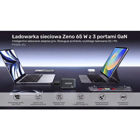 Ładowarka sieciowa GaN USB-A 2x USB-C PD 65W PD 3.0 Unitek P1130ABK01-EU
