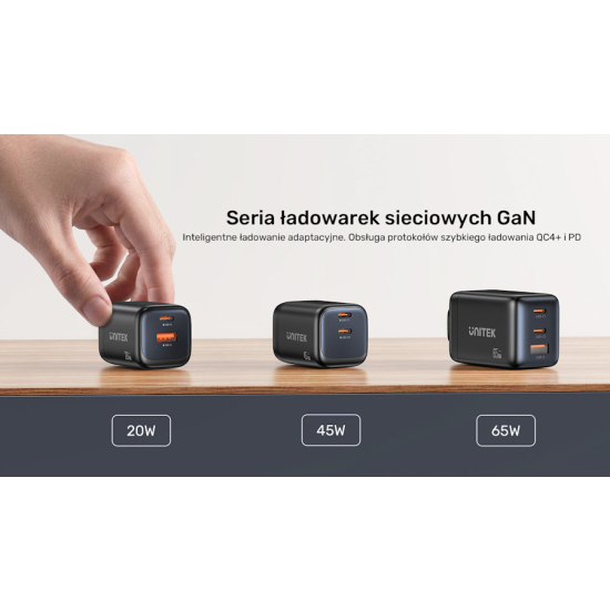 Ładowarka sieciowa GaN USB-A 2x USB-C PD 65W PD 3.0 Unitek P1130ABK01-EU