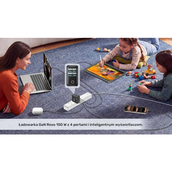 Ładowarka sieciowa GaN USB-A USB-C x3 PD 100W z wyświetlaczem Unitek P1131ABK01-EU