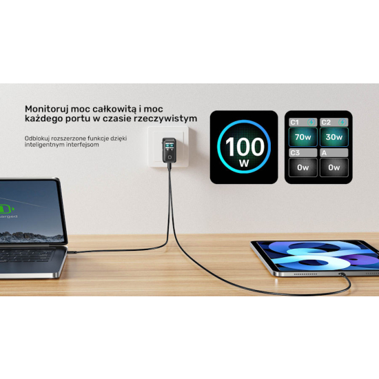 Ładowarka sieciowa GaN USB-A USB-C x3 PD 100W z wyświetlaczem Unitek P1131ABK01-EU