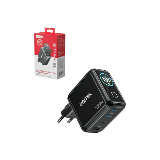 Ładowarka sieciowa GaN USB-A USB-C x3 PD 100W z wyświetlaczem Unitek P1131ABK01-EU