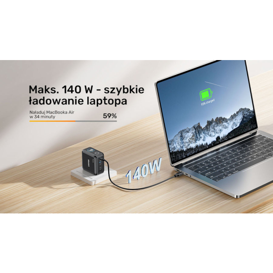 Ładowarka sieciowa GaN USB-A USB-C x3 PD 140W z wyświetlaczem Unitek P1132ABK01-EU