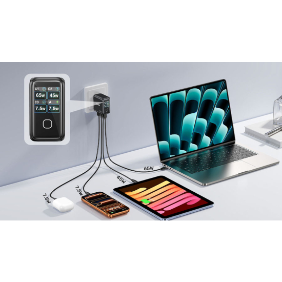 Ładowarka sieciowa GaN USB-A USB-C x3 PD 140W z wyświetlaczem Unitek P1132ABK01-EU