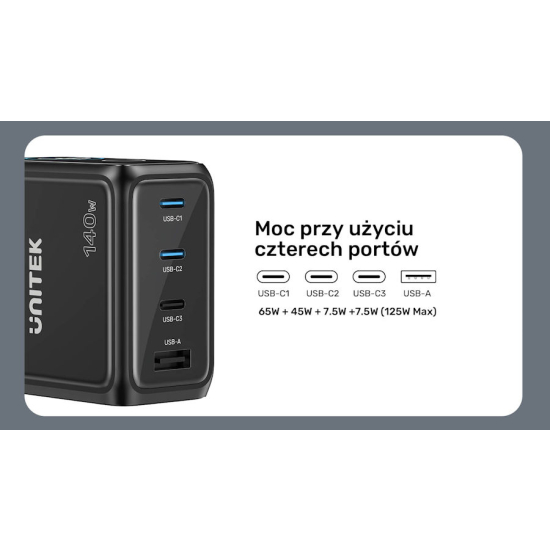 Ładowarka sieciowa GaN USB-A USB-C x3 PD 140W z wyświetlaczem Unitek P1132ABK01-EU