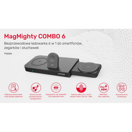 Ładowarka magnetyczna 3w1 48W + powerbank Unitek P1222A