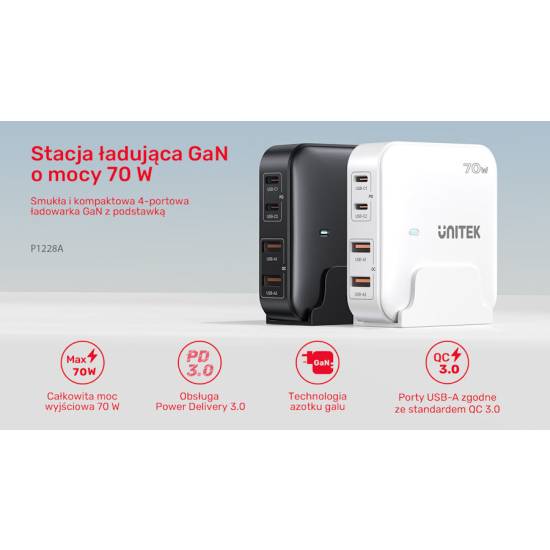 Ładowarka sieciowa GaN USB-A x2, USB-C x2 PD 70W Unitek P1228AWH01-EU biała