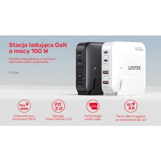Ładowarka sieciowa GaN USB-A x2, USB-C x2 PD 100W Unitek P1229ABK01-EU czarna