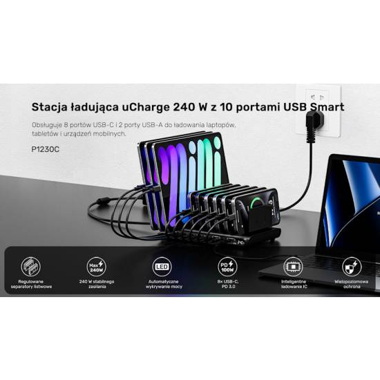 Stacja ładująca 10x USB-A USB-C 240W Unitek P1230CBK01-EU